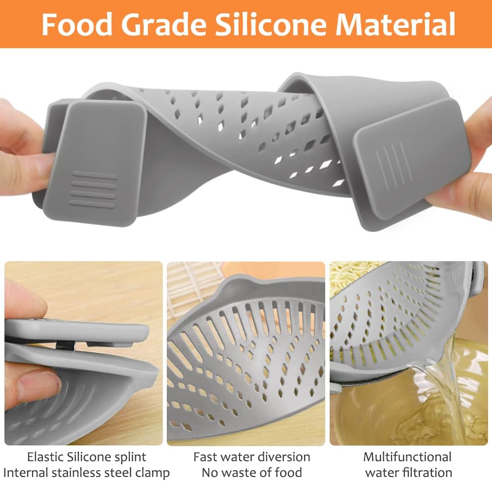 YEVIOR Clip on Strainer for All Pots Pan,Silicone Pasta Strainer | Food-grade BPA-free,Kitchen Gadgets, Food Strainer Collapsible Colander for Noodle,Vegetables,Fruit,Spaghetti (Grey)