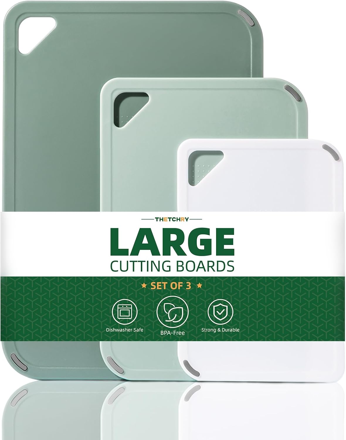 THETCHRY Plastic Cutting Board Set of 3-Cutting Boards for Kitchen BPA Free | Large-Small Chopping Boards, Non-Slip for Cooking, Dishwasher Safe, Camping, Portable, with Grip Handle, Sage Green