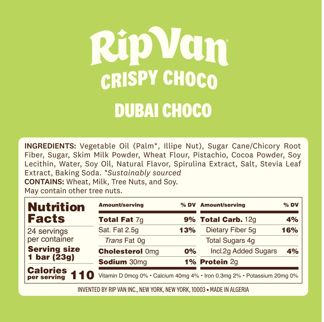 Rip Van Dubai Choco Bars – Healthy Snack with Creamy Pistachio & Toasted Kunafa – Dubai Choco Flavor – 4g Sugar, 5g Fiber – Guilt-Free Indulgence – 12 Pack
