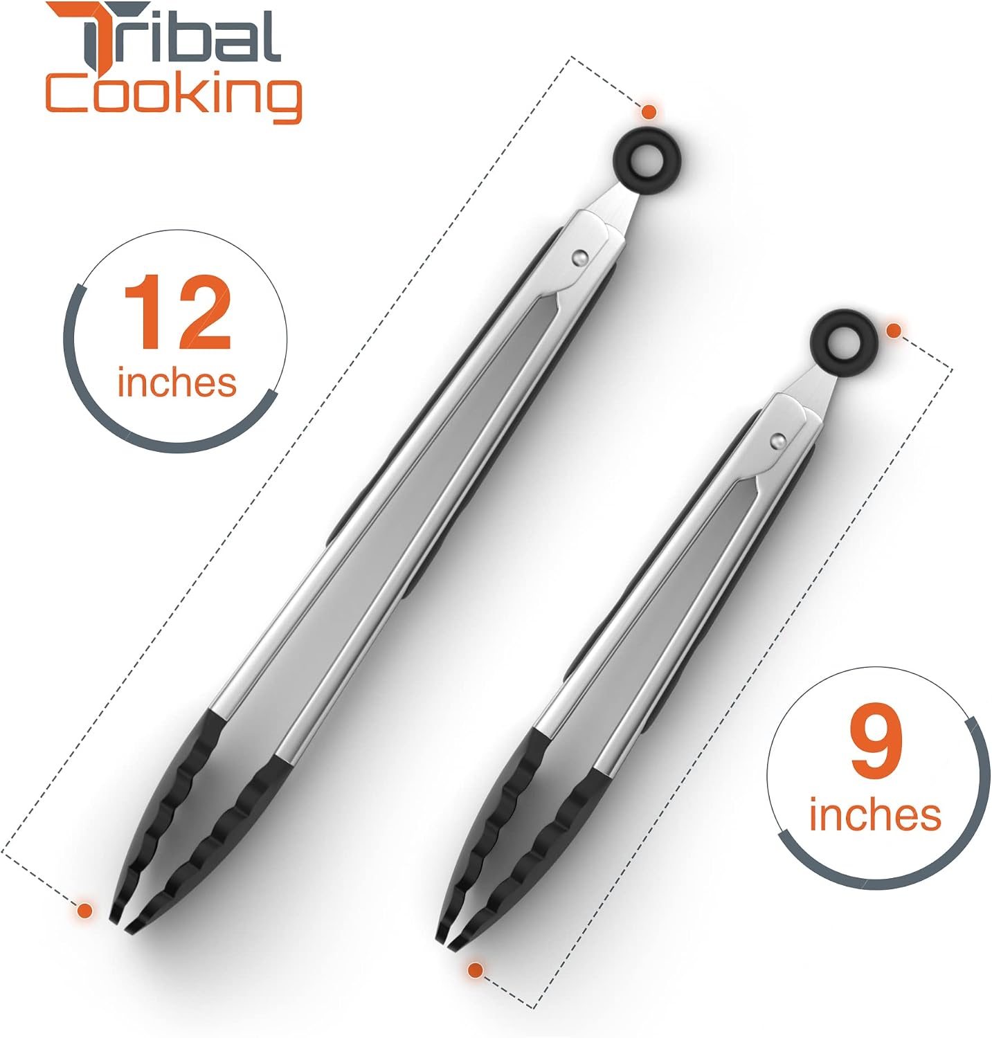 Tribal Cooking Kitchen Tongs with Silicone Tips - Stainless Steel tongs for cooking - 9" and 12" Tongs With Silicone Rubber Non Slip Grips, Heat Resistant Metal Tongs.