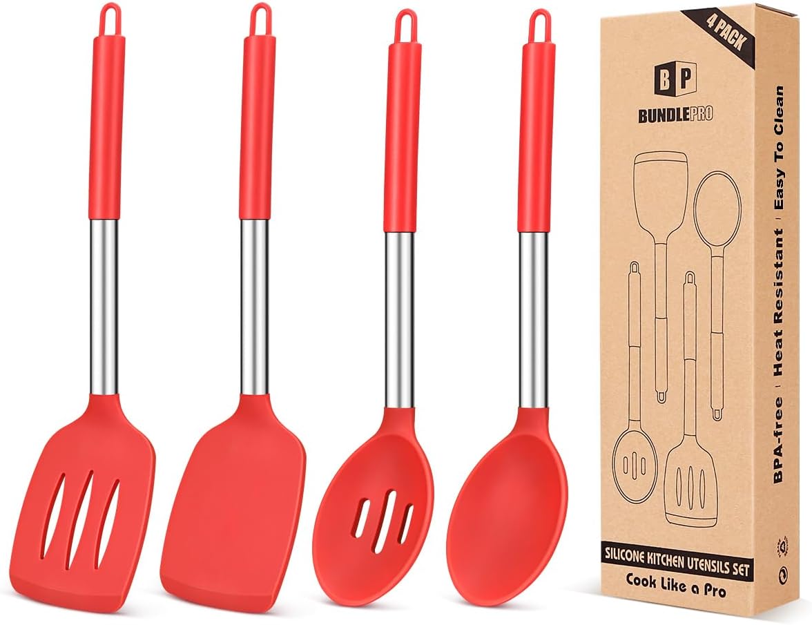 Pack of 4 Silicone Cooking Utensils Set, Non Stick Large Solid Spatulas, Heat Resistant Black Slotted Spoons, Ideal BPA Free Kitchen Turners for Frying, Mixing,Serving,Draining,Turning,Stirring
