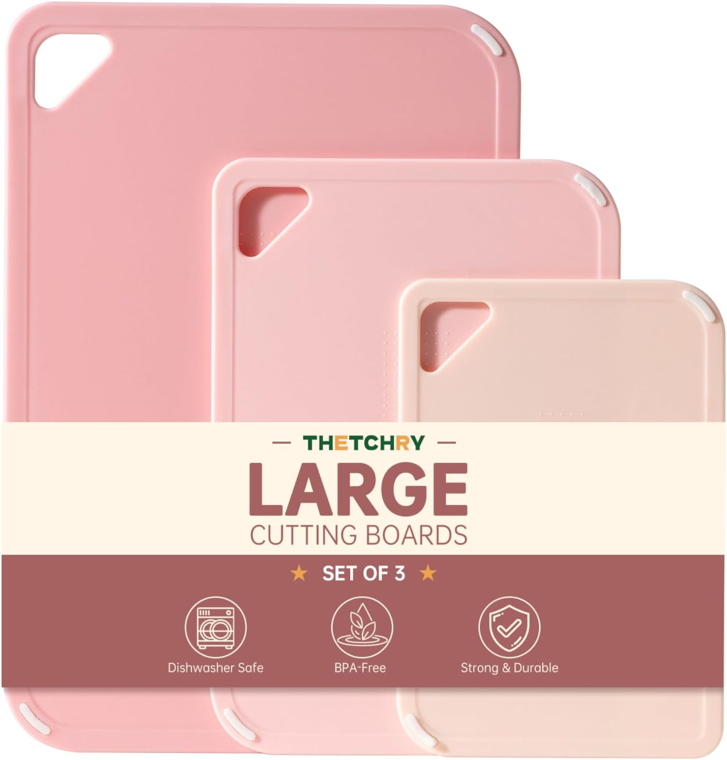 THETCHRY Plastic Cutting Board Set of 3-Cutting Boards for Kitchen BPA Free | Large-Small Chopping Boards, Non-Slip for Cooking, Dishwasher Safe, Camping, Portable, with Grip Handle, Sage Green