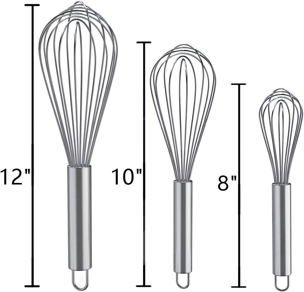 Whisks for Cooking, 3 Pack Stainless Steel Whisk for Blending, Whisking, Beating and Stirring, Enhanced Version Balloon Wire Whisk Set, 8"+10"+12"