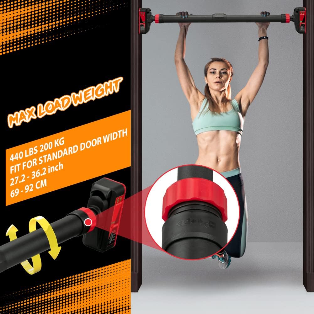 Adjustable Pull Up Bar for Doorway - 440lb Capacity, No Screws, Level Meter