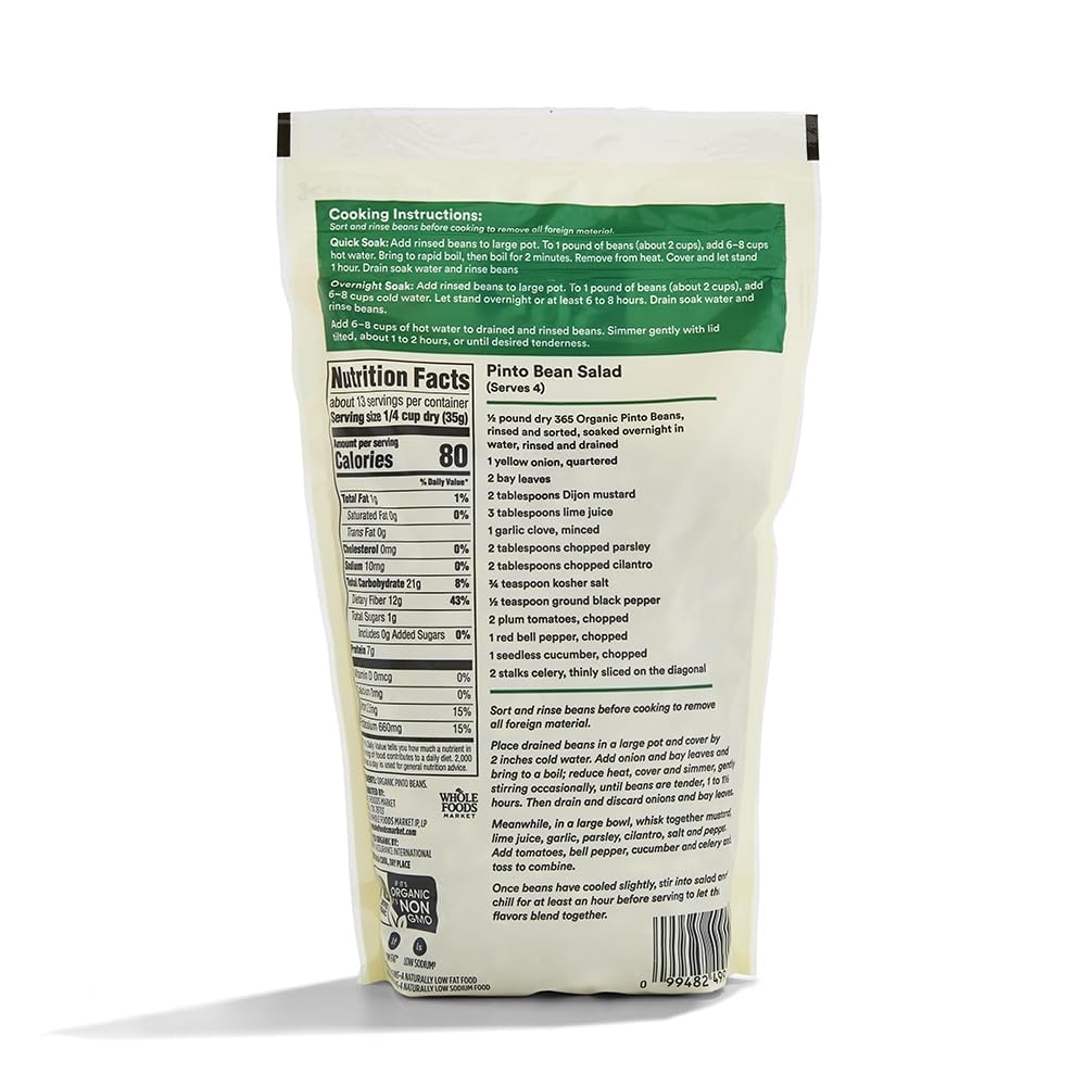 Whole Foods Market 365 Organic Pinto Beans 16 Ounce Low Fat Plant-Based Protein