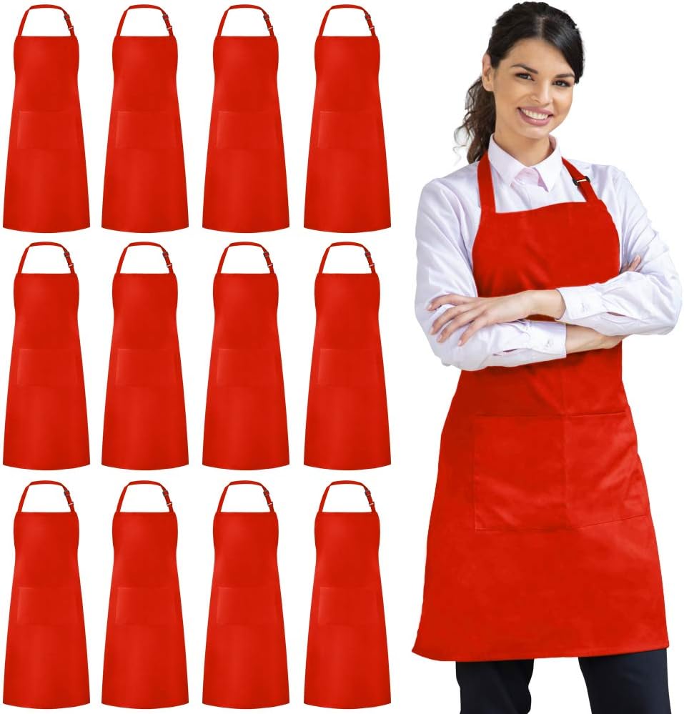 Syntus 12 Pack Bib Apron, Unisex Aprons Adjustable Waterdrop Resistant with 2 Pockets Cooking Kitchen Apron for Chef, BBQ Drawing Apron Bulk, Black