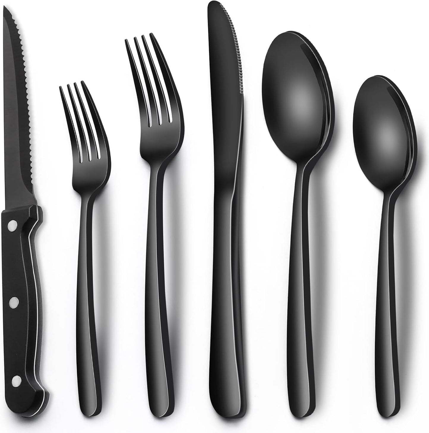 EWFEN 24-Piece Black Silverware Set with Steak Knives, Black Flatware Set for 4, Food-Grade Stainless Steel Tableware Cutlery Set, Mirror Finished Utensil Sets for Home Restaurant, Round Edge