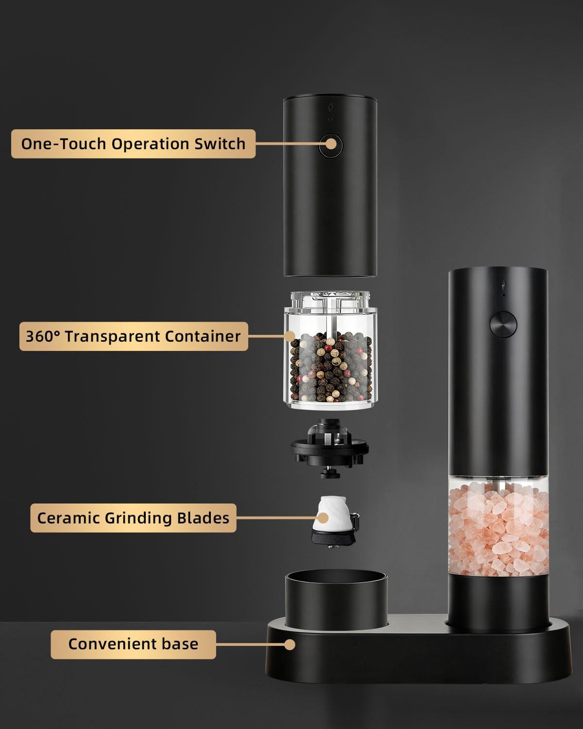 Electric Salt and Pepper Grinder Set Rechargeable, Automatic Salt and Pepper Shakers Mill Refillable, One Hand Operation Adjustable Coarseness, Kitchen Gadgets, House Warming Gifts New Home