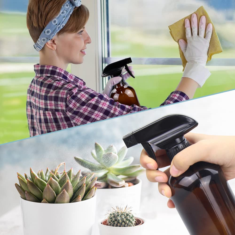 Bontip Glass Spray Bottle 16 oz for Cleaning, Plants (2 Pack, Amber) | Refillable amber spray bottle Set, BPA-free eco glass, With labels and funnel, Great for cleaners, plant misting, hair care