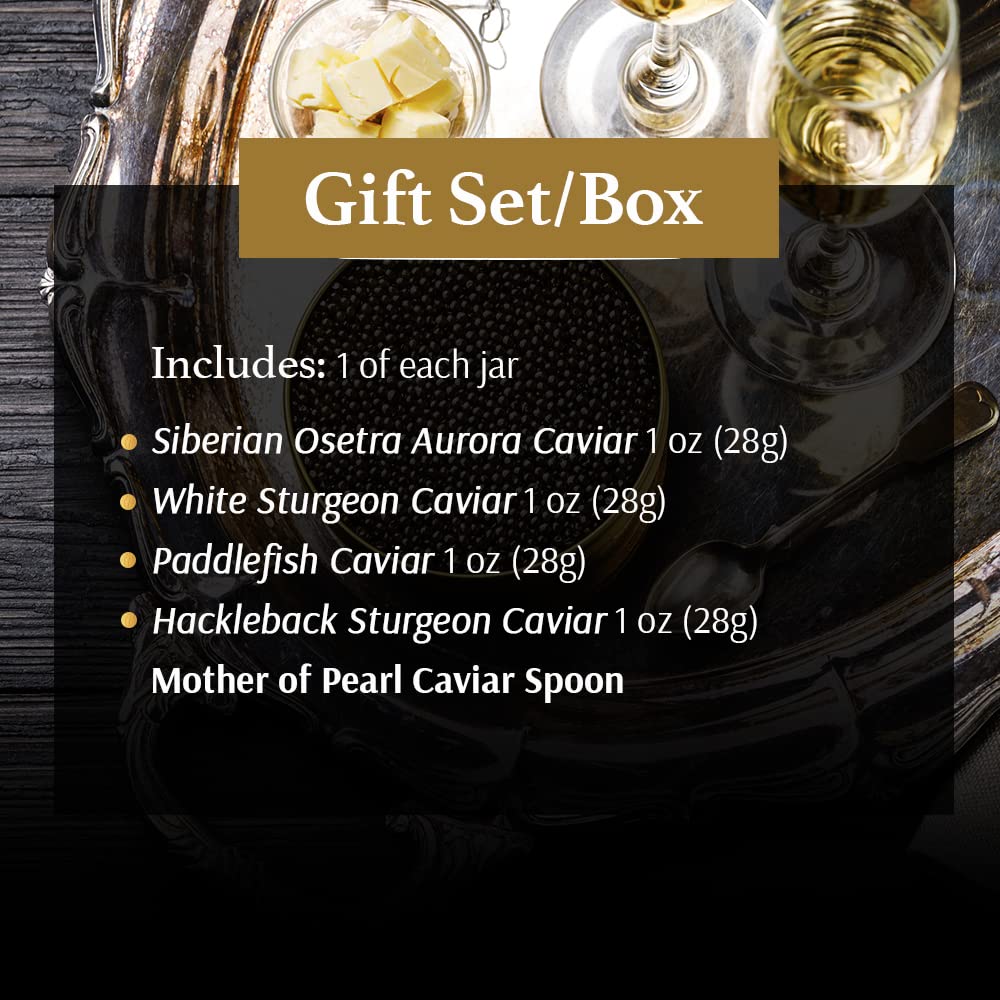 OLMA Classic Caviar Black Caviar Gift Box - Includes 2 oz of Siberian Osetra Aurora, White Sturgeon, Paddlefish, Hackleback Sturgeon Fish Roe & Mother of Pearl Serving Spoon - Overnight Delivery