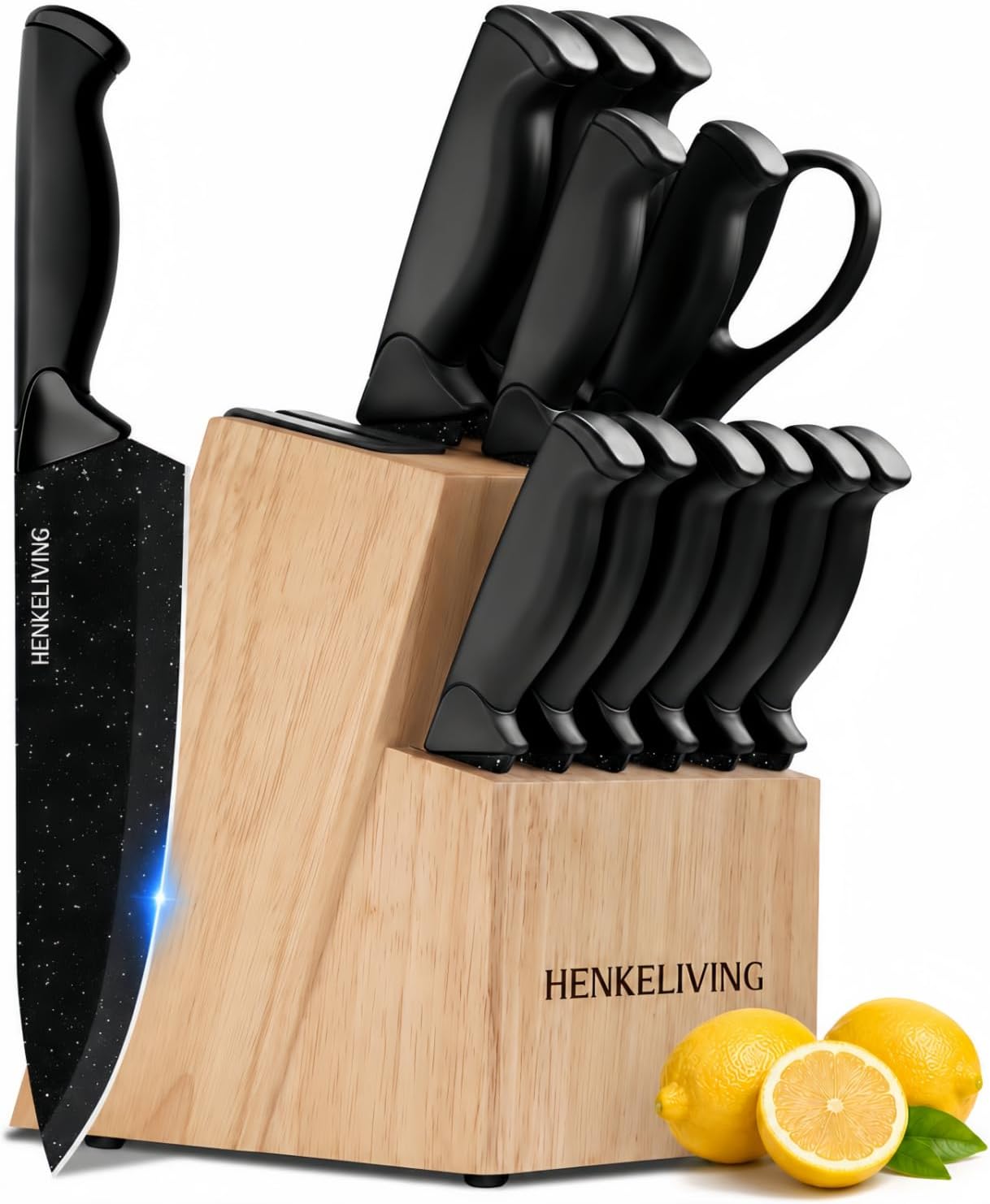 14-Piece Black Kitchen Knife Block Set with Built-In Sharpener | German high-carbon stainless steel blades, dishwasher safe, ultra-sharp edges, ergonomic non-slip handles