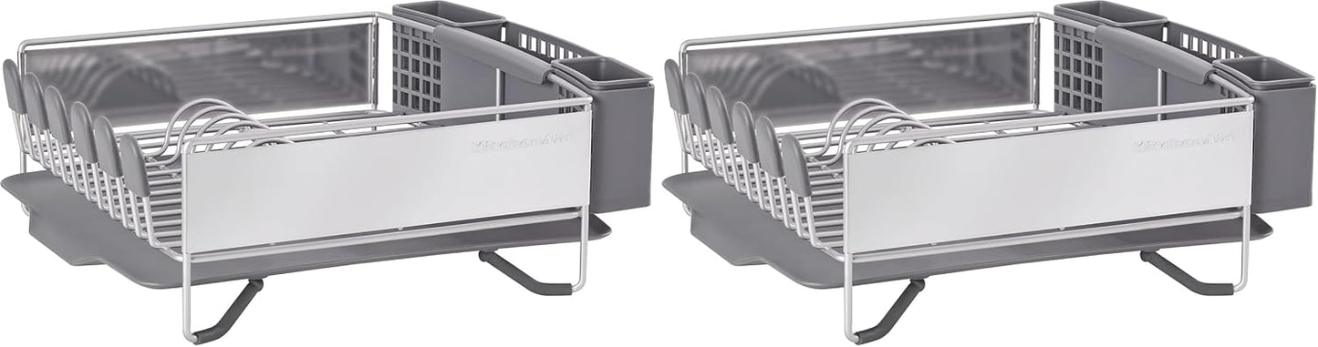 KitchenAid Large Capacity Full Size Rust Resistant Dish Rack with Angled Drain Board and Removable Flatware Caddy, Light Grey