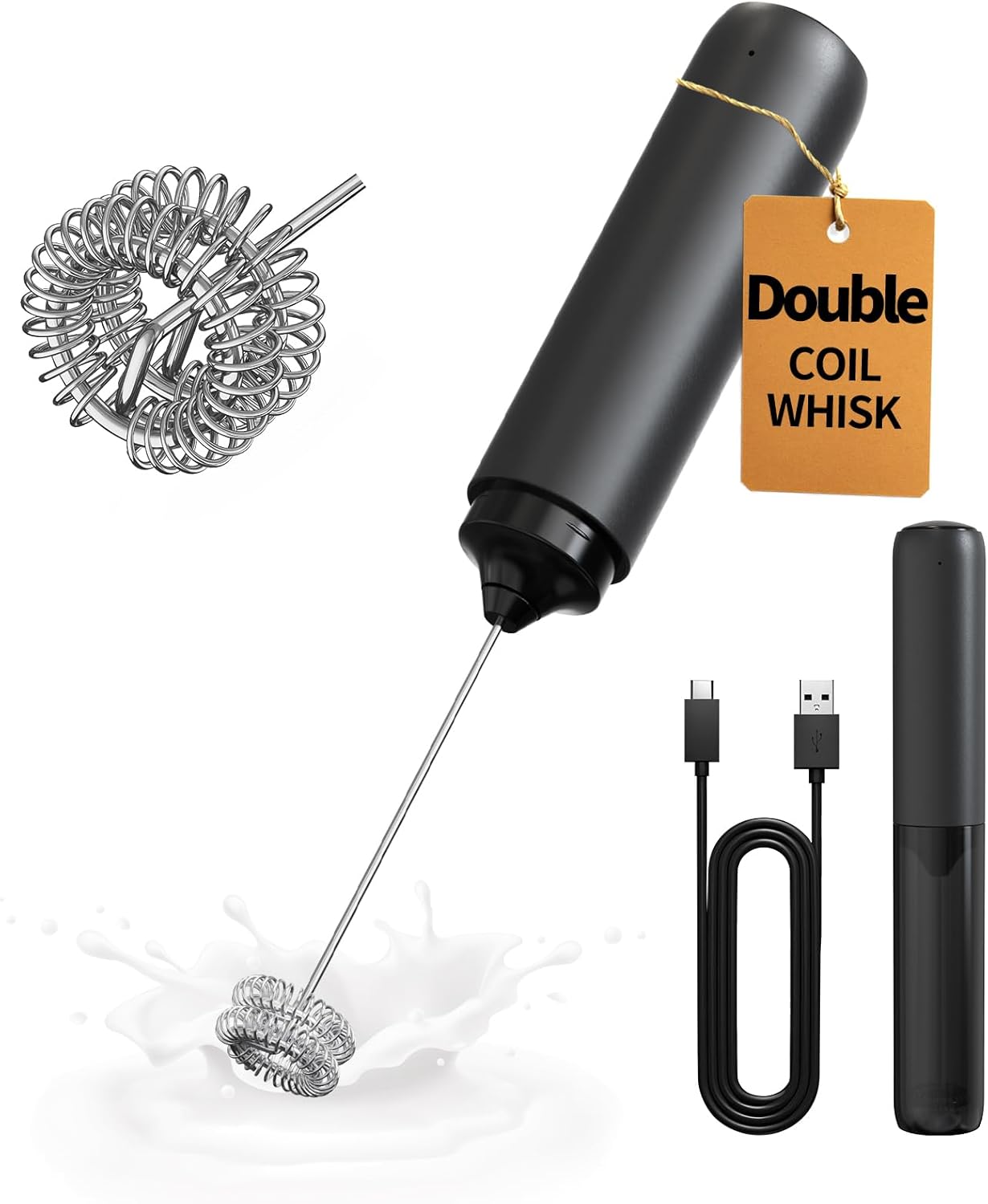 CIRCLE JOY Rechargeable Milk Frother Hanheld, Dual Coil Whisk Head Electric Coffee Frother, Portable Hand Frother Wand Drink Mixer for Matcha Lattes Cappuccino, Kitchen Gifts, Black
