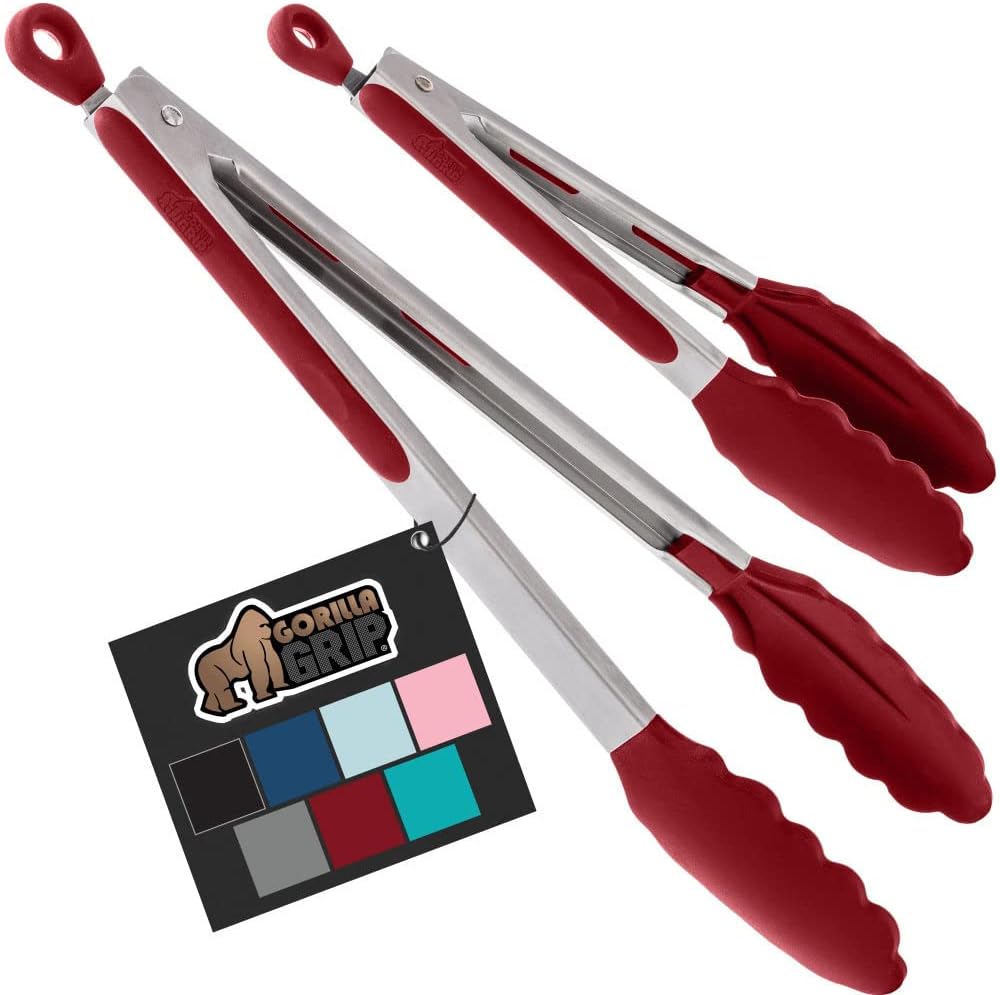 GORILLA GRIP Stainless Steel BPA-Free Kitchen Tongs for Cooking, 9+12 Inch, Heat Resistant BBQ Tong Set of 2, Non Scratch Silicone Tip for Pan, Strong Grip, Grab Food, Toss Salad, Pull Lock, Black