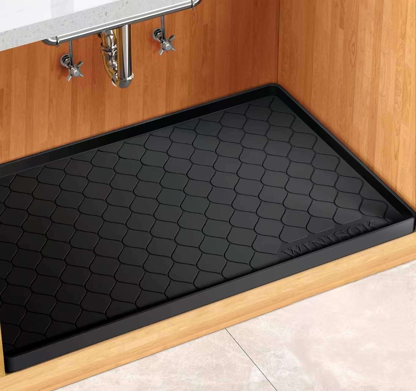Winisok Waterproof Under Sink Mat 34" x 22", Silicone Mat, Beige | Raised Edge Traps Spills & Leaks, Shelf Liner, Cabinet Protector, for Kitchen, Bathroom, Boots, Pets, Home Essentials