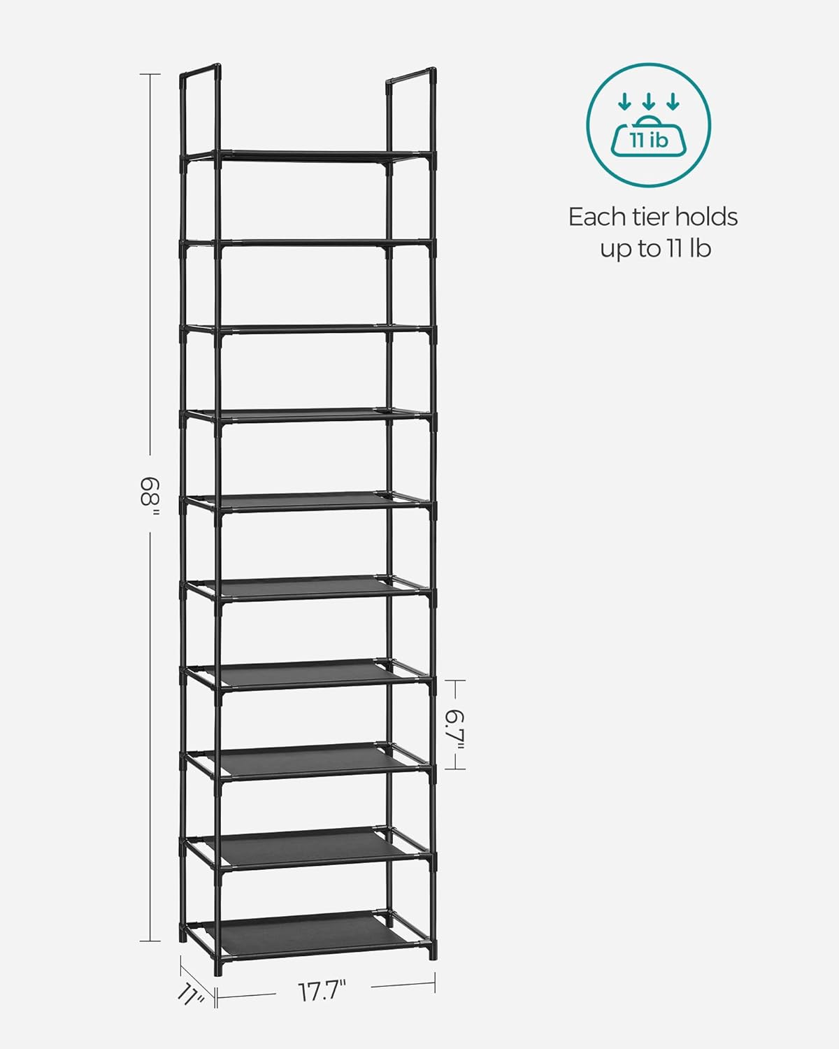 SONGMICS Shoe Rack, 10-Tier Shoe Shelf, Shoe Storage Organizer, 11 x 17.7 x 68 Inches, Metal Frame, Non-Woven Fabric Shelves, for Entryway, Bedroom, Black ULSH010B02