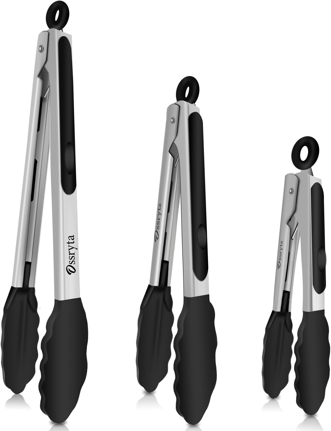 Stainless Steel Cooking Tongs Set of 3 - Heavy Duty 12/9/7 Inch Locking Tongs, Heat Resistant to 600 Degrees, Food Grade Kitchen Metal Tong for Food, Salad, & BBQ - Dishwasher Safe