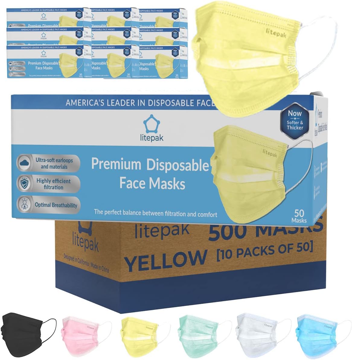 Litepak Premium Disposable Face Mask 500pcs 3ply Soft with Nose Wire