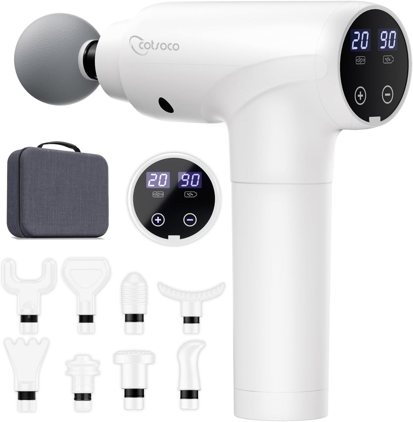 cotsoco deep tissue massage gun with 9 attachment heads and 20 speeds