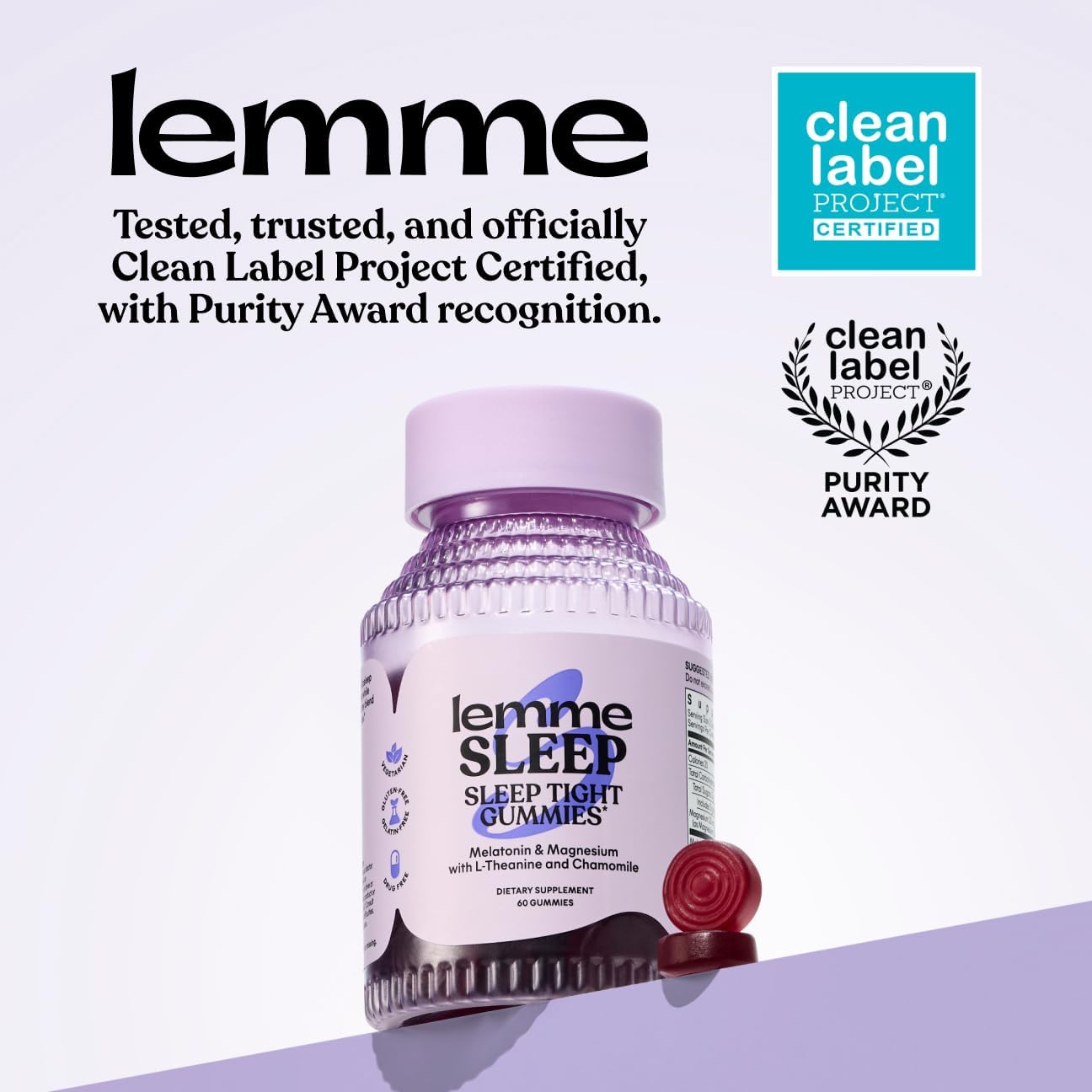Lemme Sleep Gummies with 5mg Melatonin, Elderberry, Magnesium, L-Theanine, Chamomile and Lavender, Drug-Free Nighttime Sleep Aid, Gluten Free, Gelatin Free, Non GMO, Berry Flavored (60 Count)
