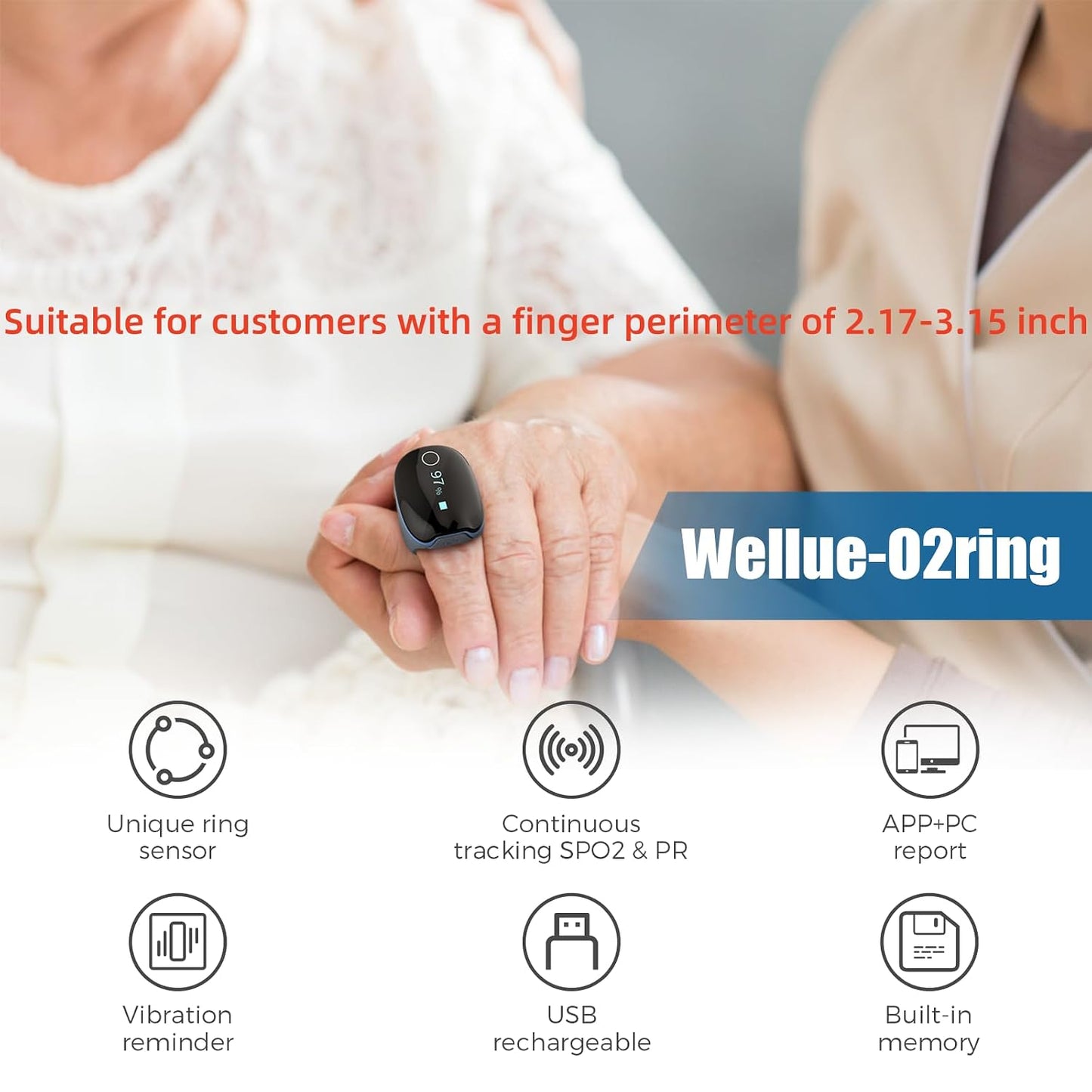 Wellue O2Ring Oxygen Monitor with Bluetooth and Vibration Reminder