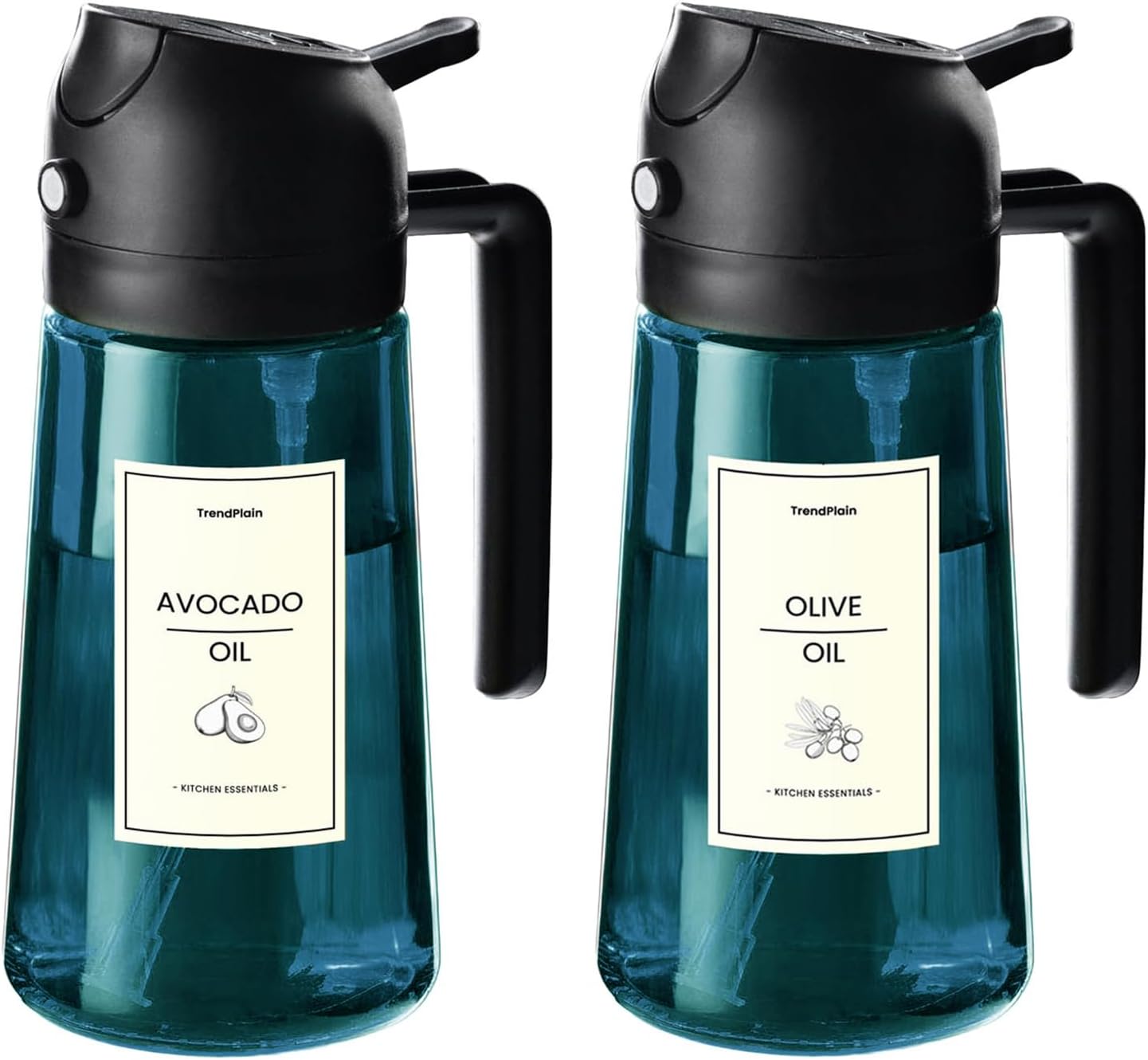 TrendPlain 16oz/470ml Blue Glass Olive Oil Sprayer for Cooking - 2 in 1 Olive Oil Dispenser for Kitchen Gadgets, Air Fryer, Salad, and BBQ - Black