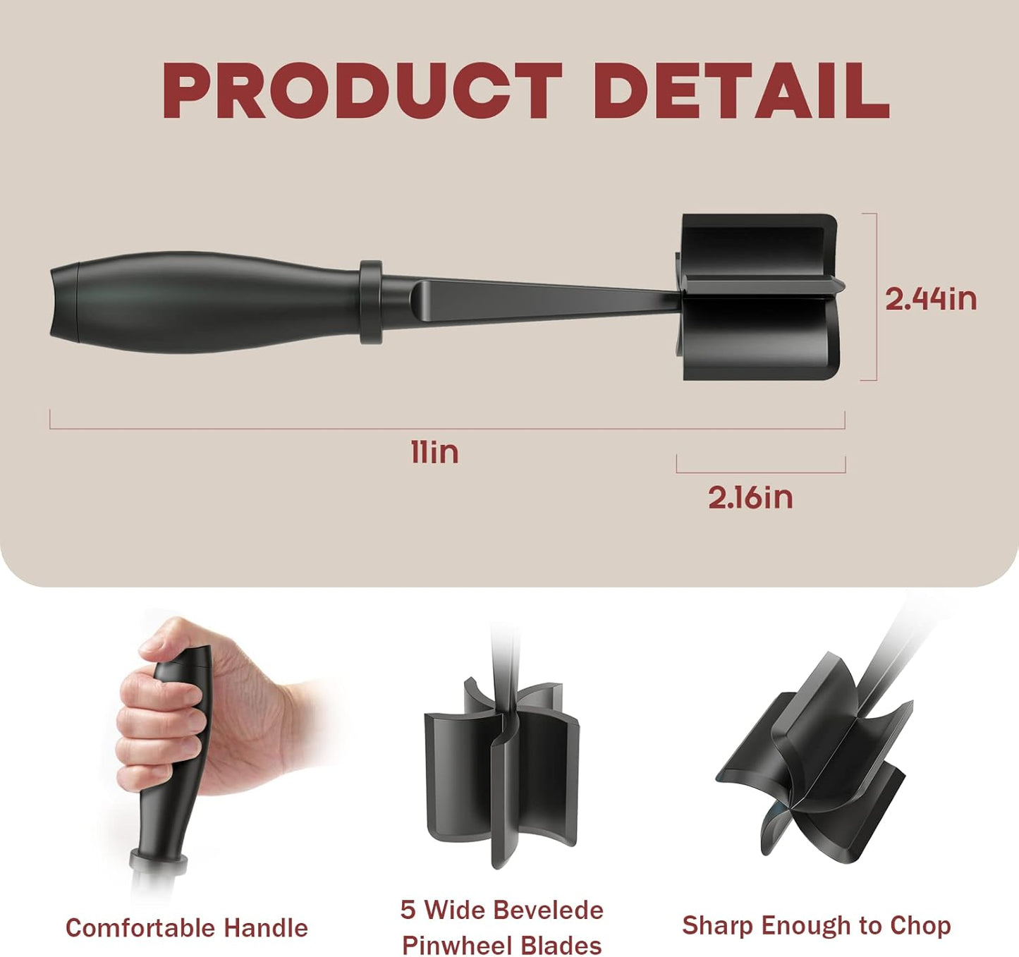 PGYARD Meat Chopper Hamburger Grinder, Kitchen Smasher for Ground Beef | Heat Resistant, 5 Nylon Blade, Burger Grinder Potato Mix Tool, Meat & Poultry Tenderizers, Dishwasher Safe, Black