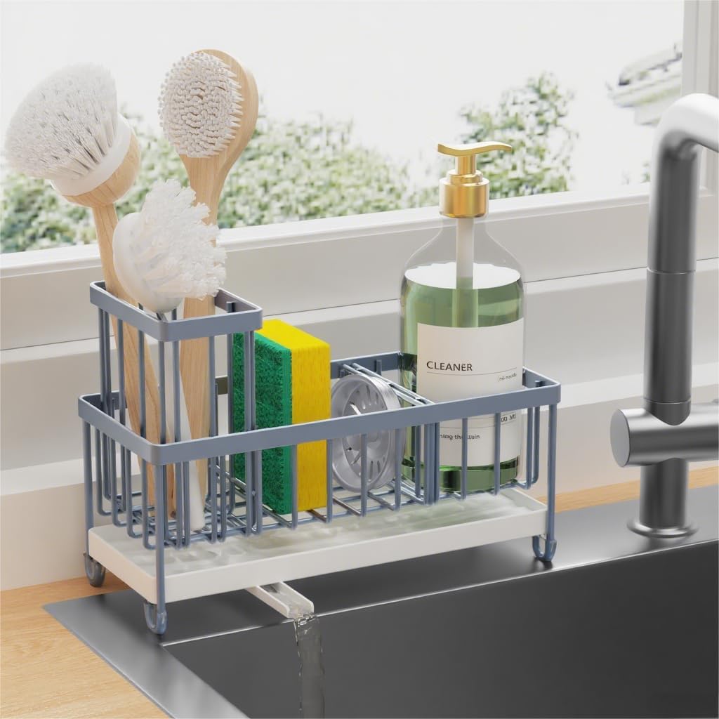 Cisily Sponge Holder for Kitchen Sink, Sink Caddy Organizer with High Brush Holder, Kitchen Countertop Organizers and Storage Essentials, Rustproof 304 Stainless Steel (Black with Towel Rack, 9.25″)