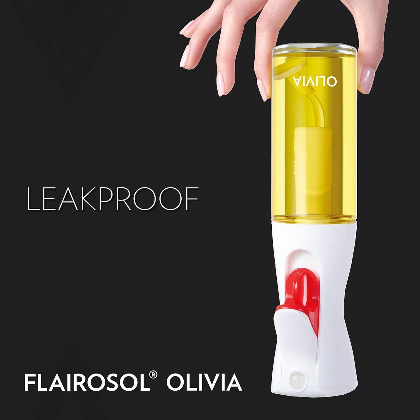 FLAIROSOL OLIVIA SIGNATURE Oil Sprayer for Cooking, 130ml Glass,White Print | Portion control mist for air fryer, salad, BBQ, refillable & reusable, fine mist olive oil kitchen sprayer, anti-drip