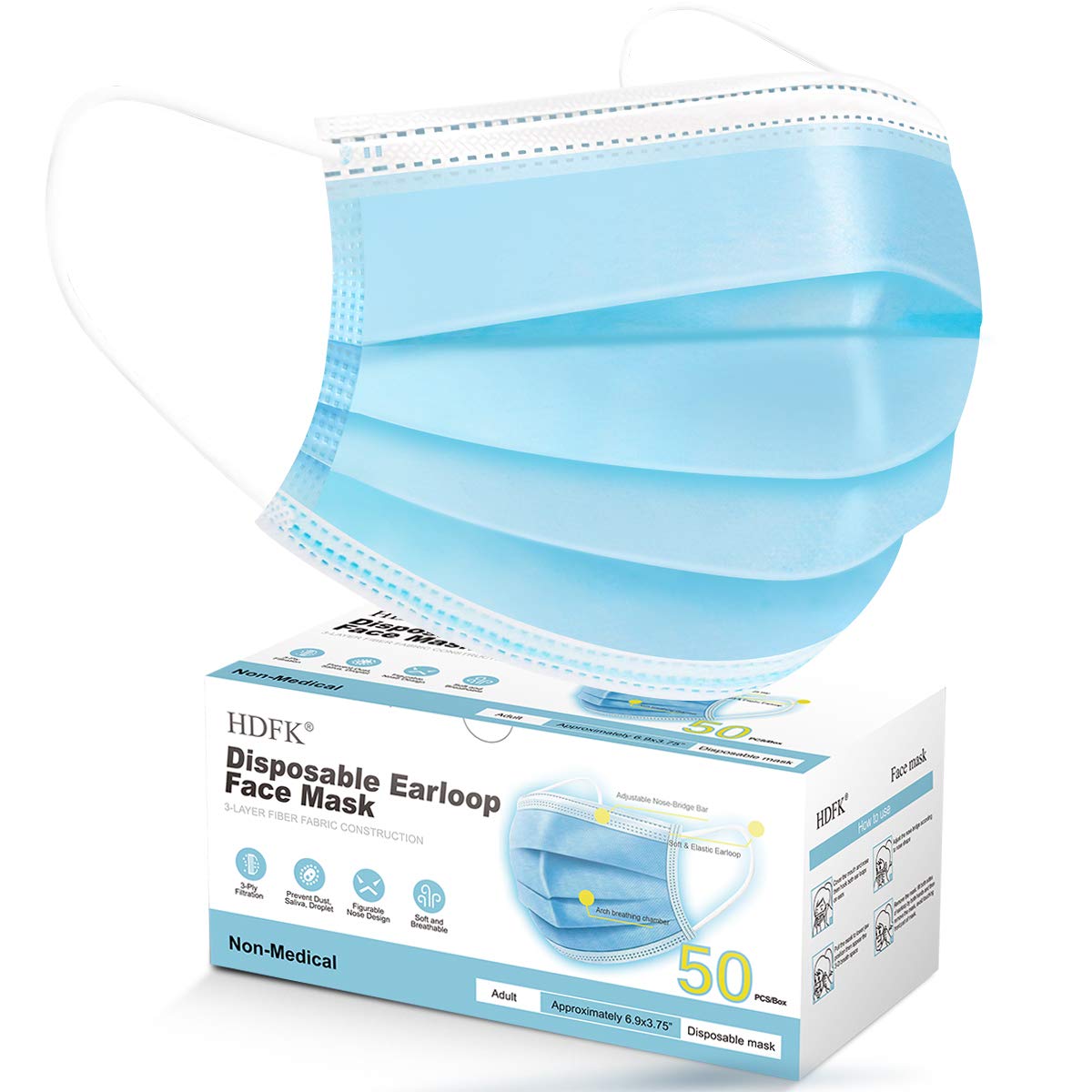 HDFK 3Ply Non-Woven Face Mask Disposable Adults Blue 50Pack with Nose Clip