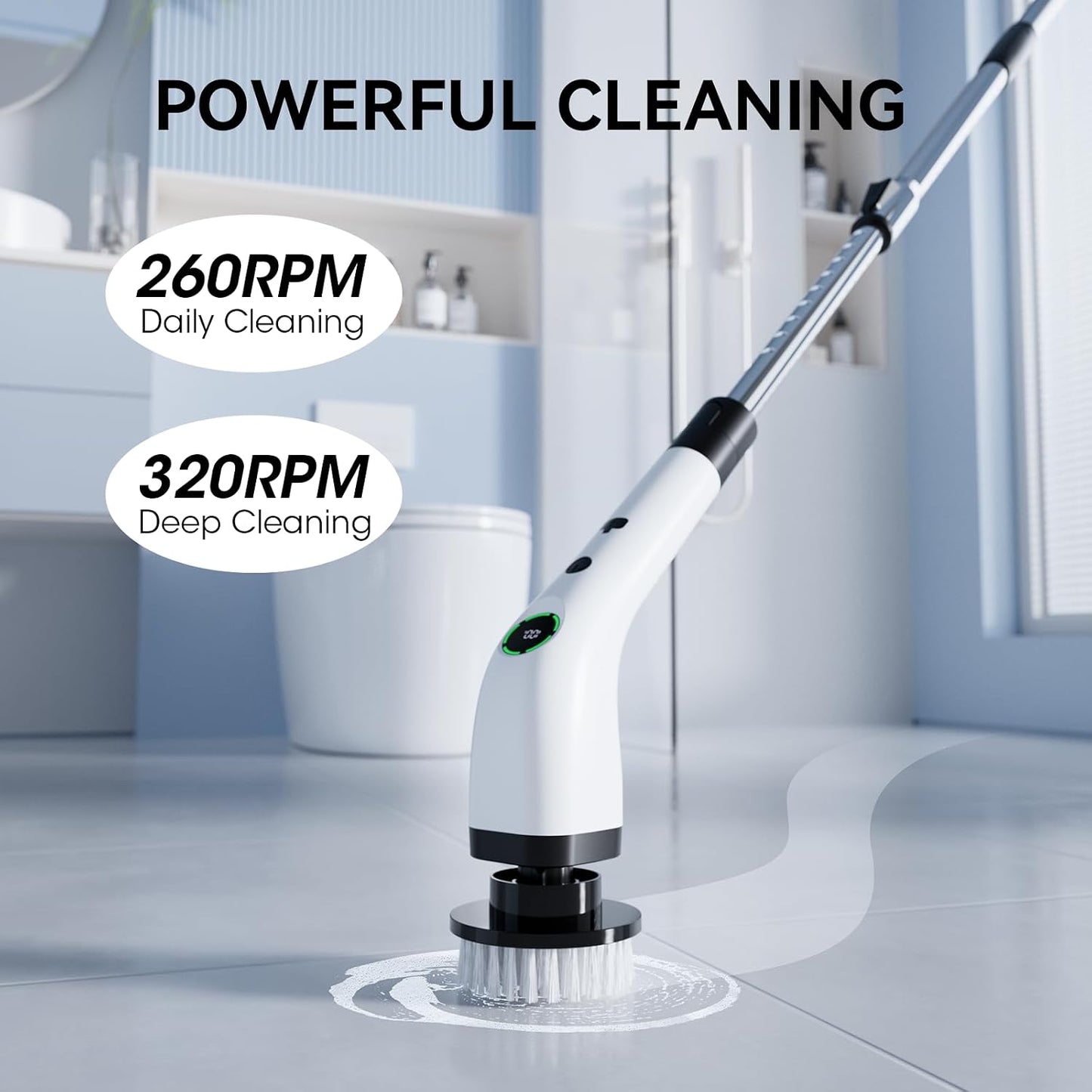 Electric Bathroom Cleaning Brush Cordless Shower Scrubber SD-CTB01 | Spin Scrubber Full Body Waterproof IPX7 with Adjustable Handle, 8 Replaceable Brush Heads for Bathtub/Kitchen/Window/Home