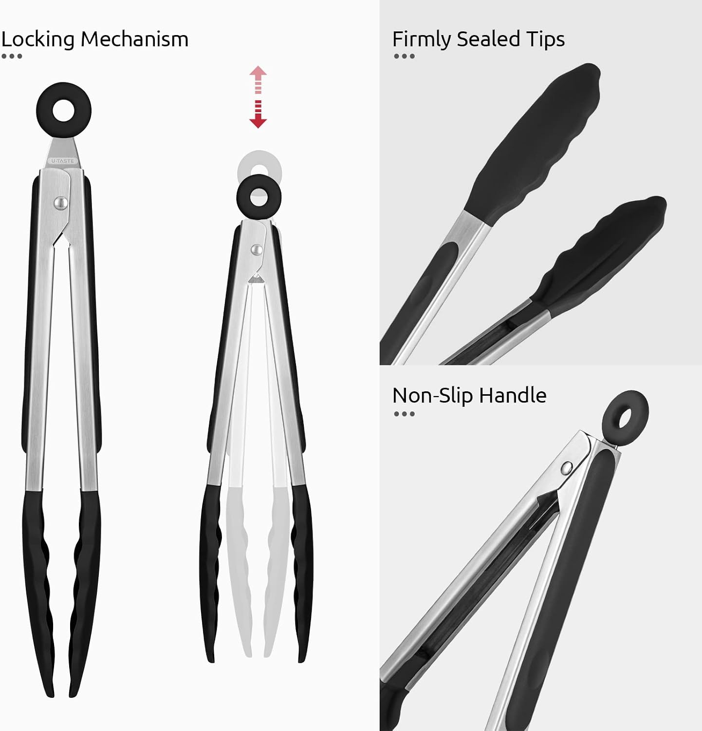 U-Taste Kitchen Tong for Cooking, 600ºF Heat-Resistant Silicone, 9in/Black | Rubber Tong for Serving Food, Salad/Grill/BBQ/Steak/Pasta Silicon Tongs, 18/8 Stainless Steel Handle & Smooth Locking