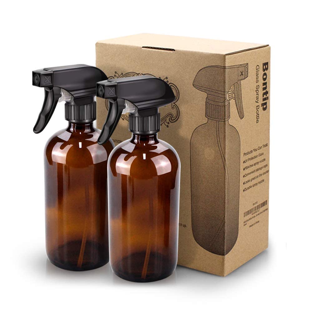 Bontip Glass Spray Bottle 16 oz for Cleaning, Plants (2 Pack, Amber) | Refillable amber spray bottle Set, BPA-free eco glass, With labels and funnel, Great for cleaners, plant misting, hair care