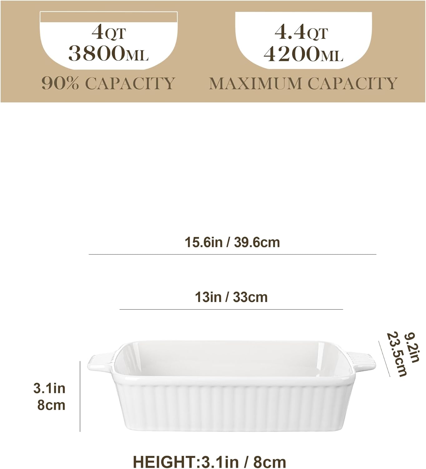 MALACASA 4.4QT Ceramic Casserole Dishes for Oven, 9x13 Baking Dishes, White | Rectangular Lasagna Pan with Handles, Ceramic Baking Dish, Deep Roasting Pan, Microwave and Dishwasher Safe, Wedding Gift