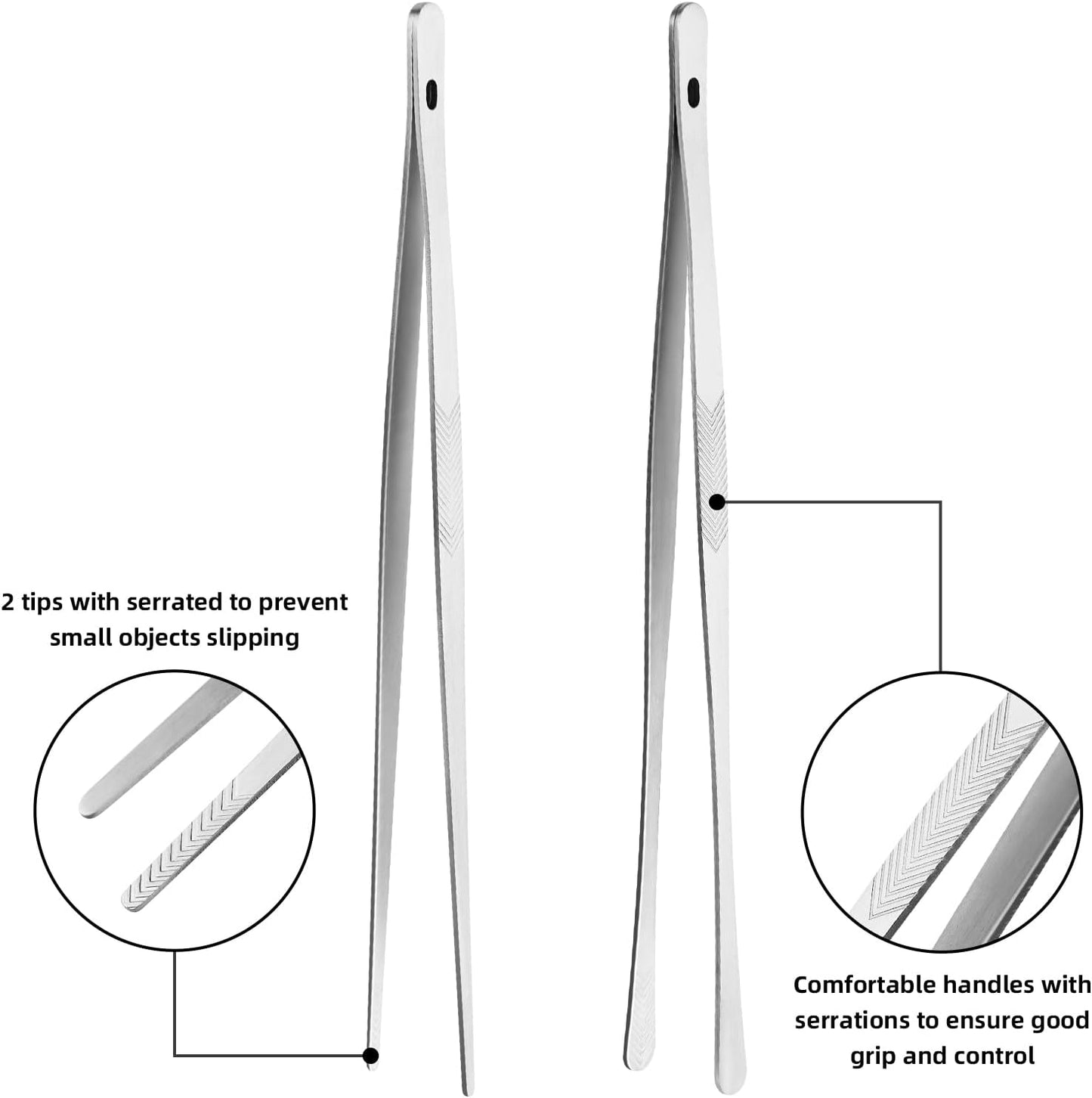 ChefBee 2PCS 12" Stainless Steel Kitchen Tongs Tweezers with Serrated Tips | Precision Grip, Chef Grade, Sturdy Kitchen Utensils, For Serving Food Pasta Salad, Suitable for Grill BBQ Culinary Use