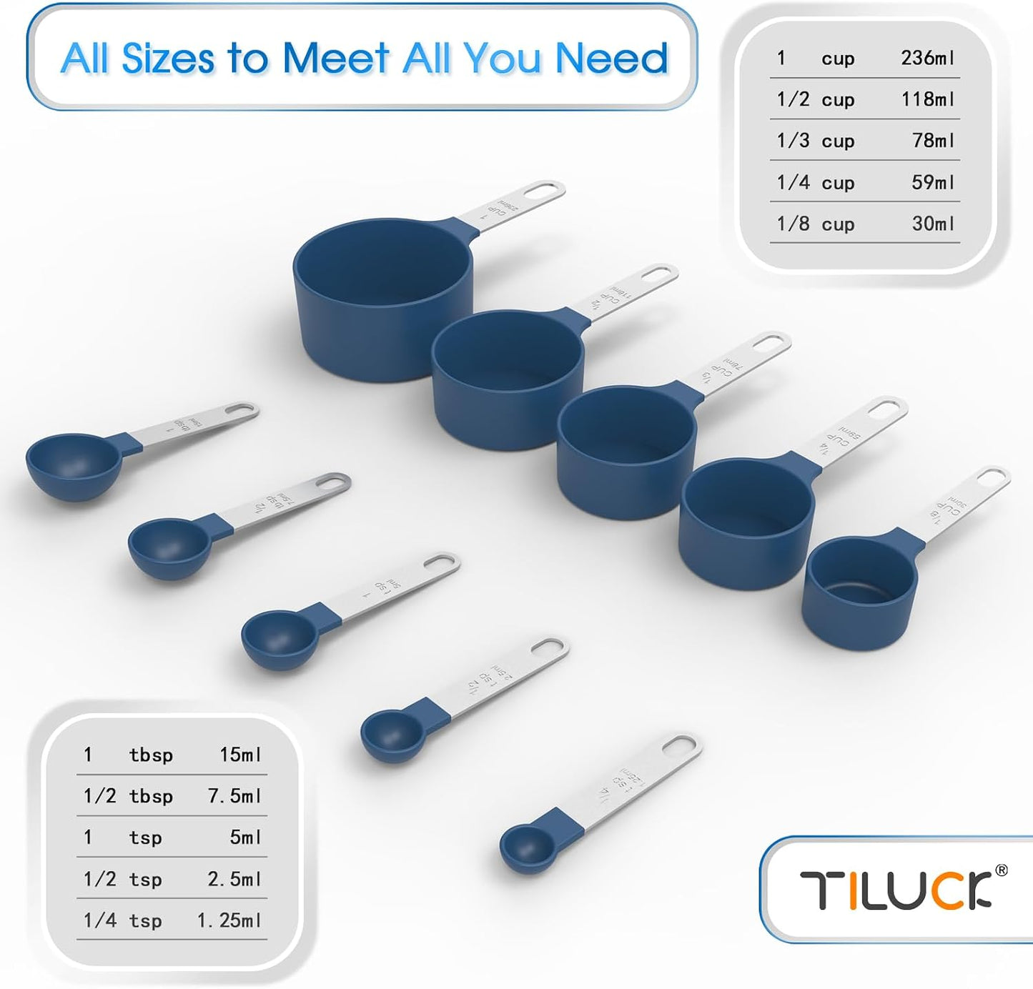 Measuring Cups & Spoons Set, Stackable Cups and Spoons | Nesting Measure Cups with Stainless Steel Handle, Kitchen Gadgets for Cooking & Baking (Blue)