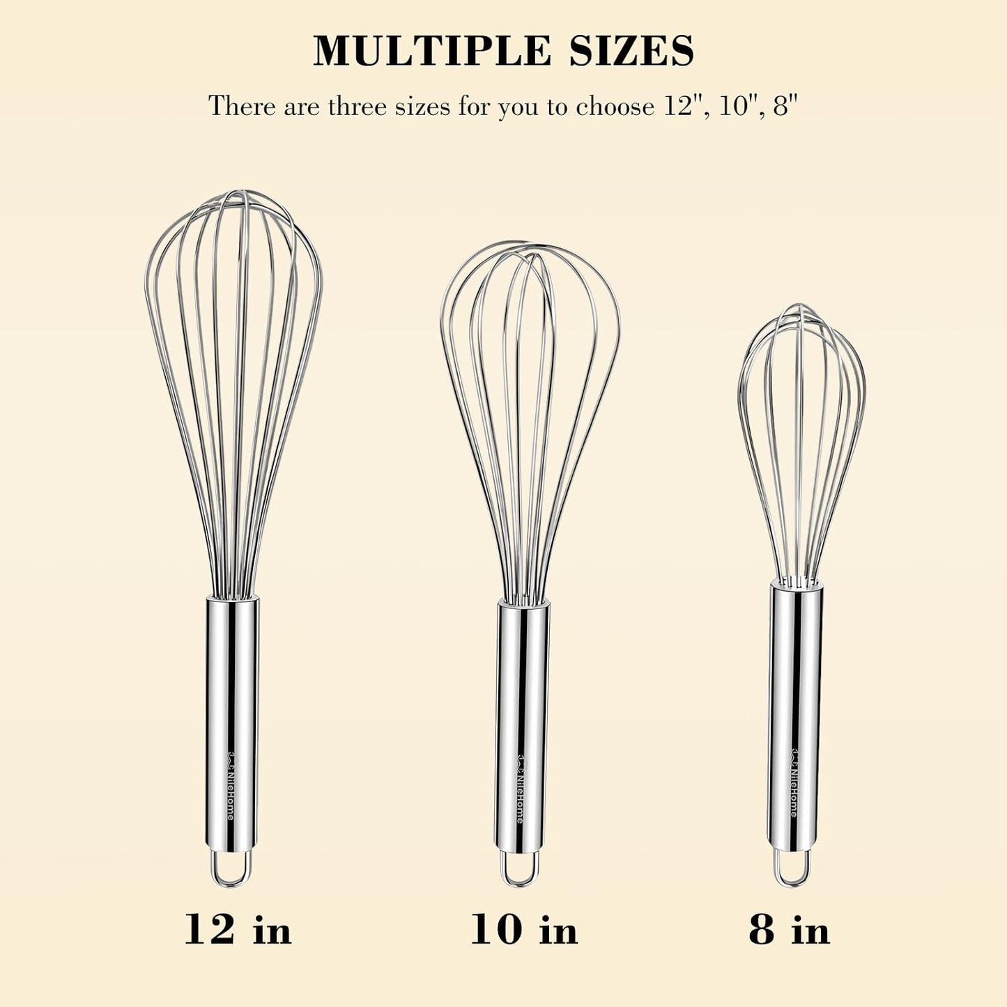 NileHome Stainless Steel Whisk Set 8" 10" 12" Kitchen Whisk Balloon Whisk Kitchen Wisk Wire Whisks for Cooking, Whisking, Blending, Beating, Stirring-3 Pack…