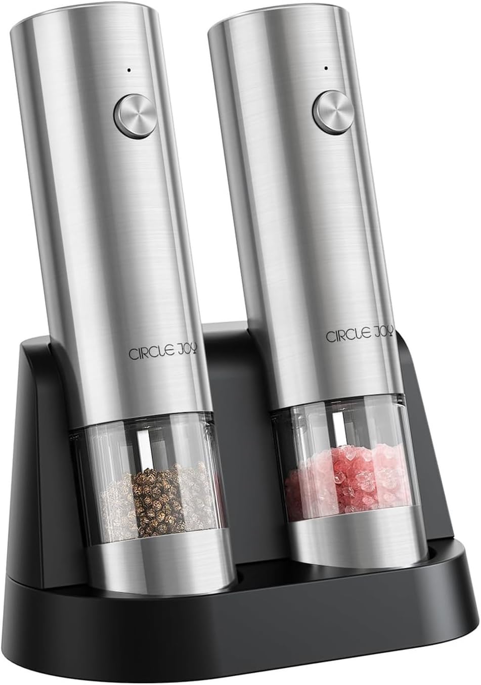 CIRCLE JOY Electric Rechargeable Salt and Pepper Grinder Set Top-Refill Automatic Pepper Mill Grinder with Charging Base, Adjustable Coarseness, Easy Filling Larger Capacity with Led for Home Kitchen
