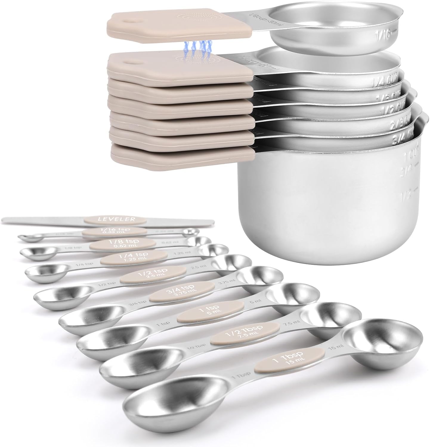 Magnetic Measuring Cups and Spoons Set-Heavy Duty 304 Stainless Steel,Double Measurement Markings,Set of 16 with Leveler for Measure Dry and Liquid Ingredients