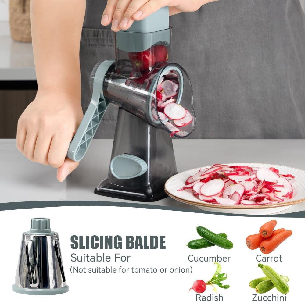 KEOUKE Rotary Cheese Grater Hand Crank Transparent - Shredder Slicer Grinder 3 Stainless Steel Blades, Stable Suction, Labor-Saving Handle, Safe Kitchen Tool for Cheese, Vegetable, Nuts, Chocolate