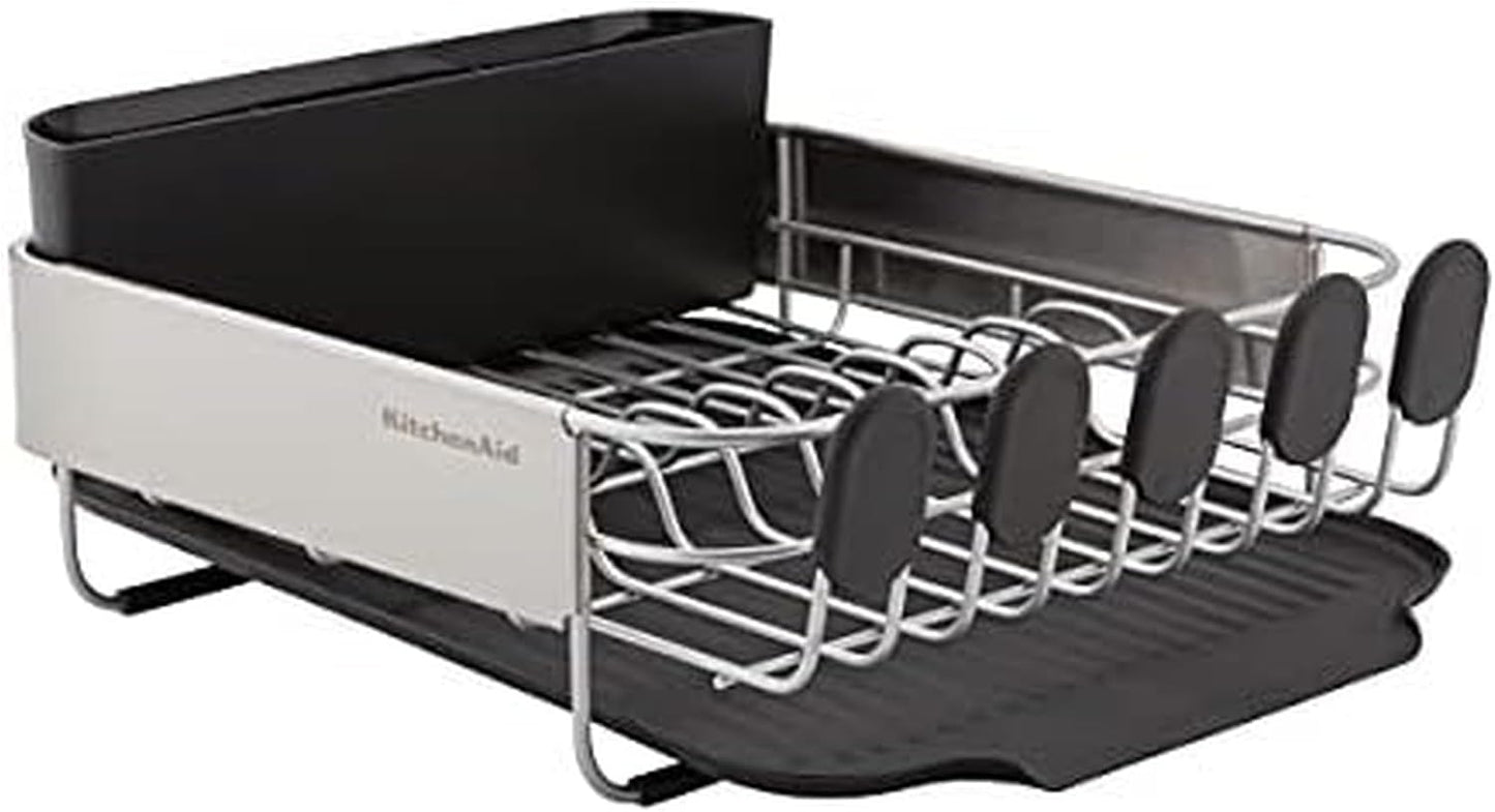 KitchenAid Large Capacity Full Size Rust Resistant Dish Rack with Angled Drain Board and Removable Flatware Caddy, Light Grey