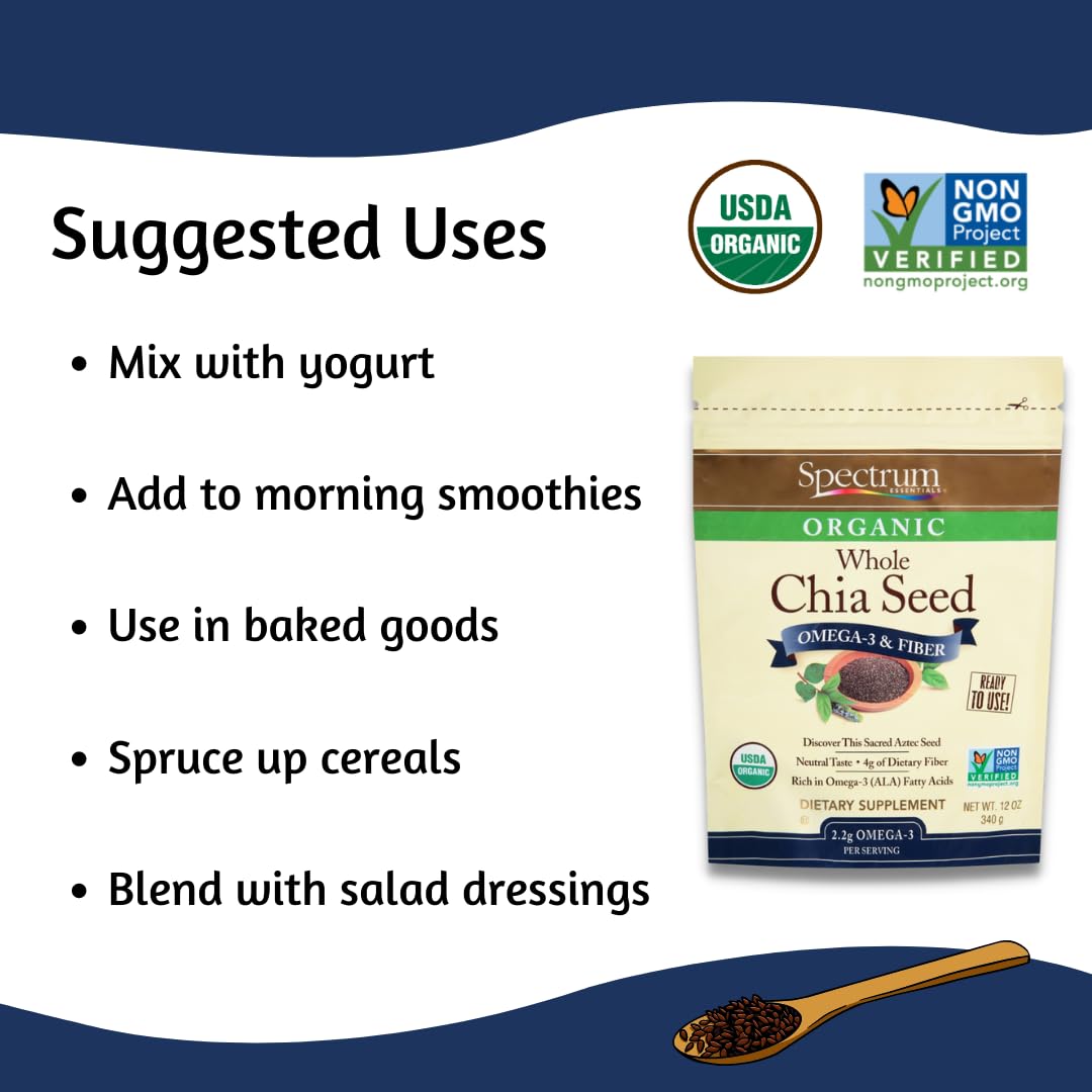 Spectrum Essentials Organic Chia Seed, Omega-3 & Fiber, 12 oz