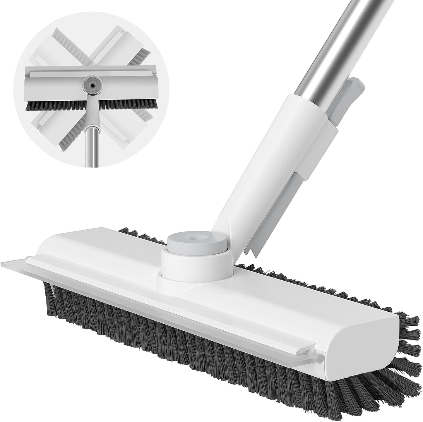 AIR U+ Floor Scrub Brush with Long Handle, 3-in-1 Rotating Head & Squeegee | Stiff Dual-Sided Bristles for Shower, Bathroom, Kitchen and Patio, 30–50 In Handle for Easier Stand-up Cleaning, Gray