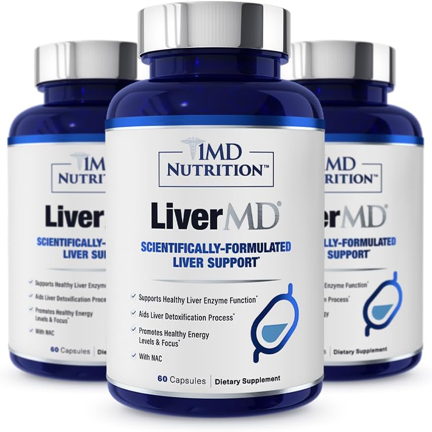 1MD Nutrition LiverMD - Liver Support Supplement | Siliphos Milk Thistle Extract & NAC - Supports Healthy Energy, Immunity & Overall Health - Liver Cleanse & Support | 60 Capsules