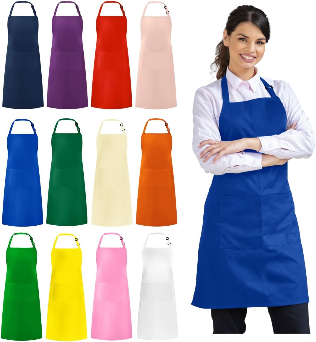 Syntus 12 Pack Bib Apron, Unisex Aprons Adjustable Waterdrop Resistant with 2 Pockets Cooking Kitchen Apron for Chef, BBQ Drawing Apron Bulk, Black