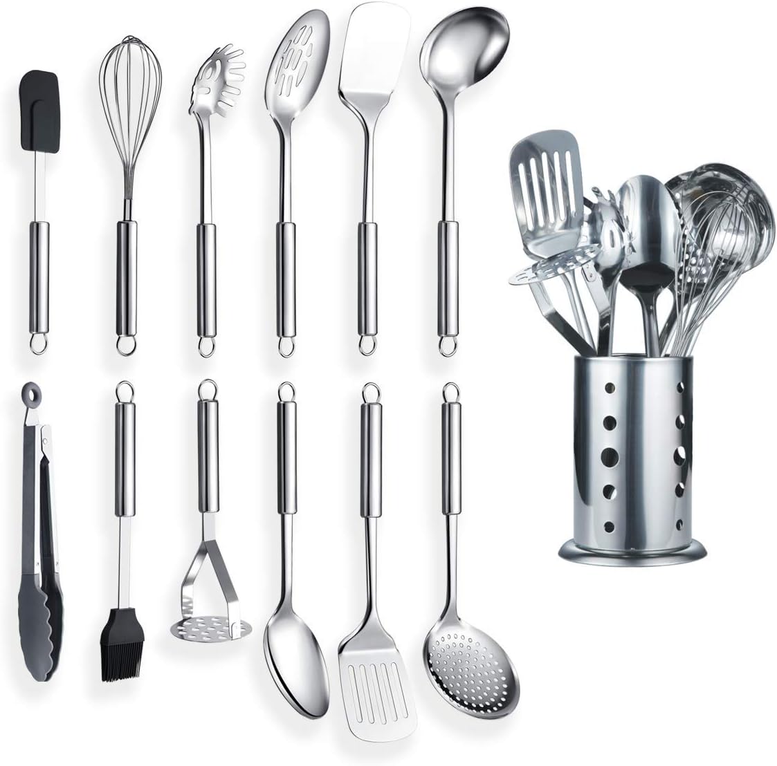Berglander Cooking Utensil Set 8 Piece, Stainless Steel Kitchen Tool Set with Stand,Cooking Utensils, Slotted Tuner, Ladle, Skimmer, Serving Spoon, Pasta Server,Potato Maseher, Egg Whisk. (8 Pieces)