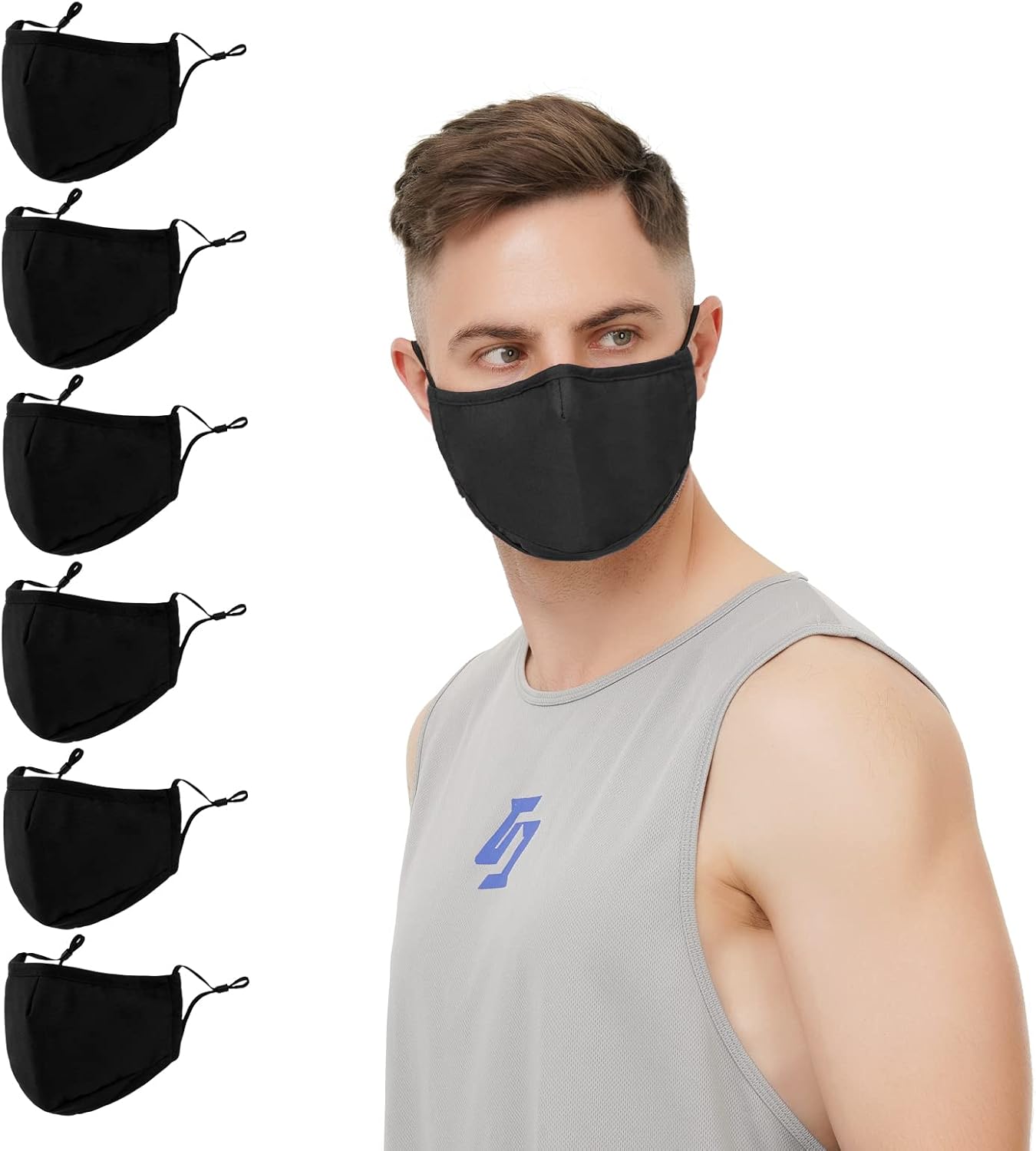 3-Ply Cloth Face Mask 6 Pack, Washable, Reusable, Breathable Face Covering with Adjustable Ear Loops for Women and Men