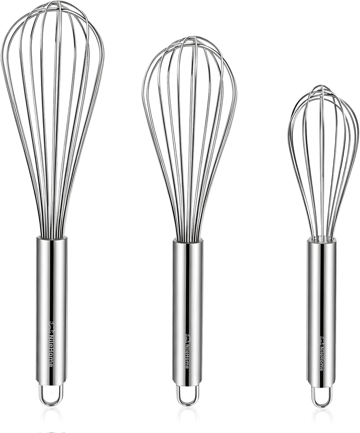 NileHome Stainless Steel Whisk Set 8" 10" 12" Kitchen Whisk Balloon Whisk Kitchen Wisk Wire Whisks for Cooking, Whisking, Blending, Beating, Stirring-3 Pack…