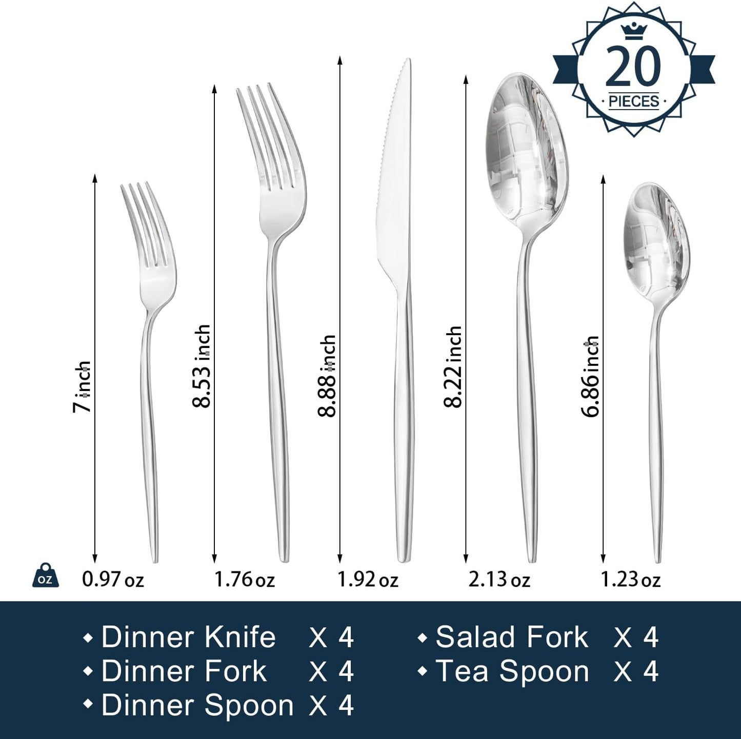18/10 Silverware Set for 4, 20 Piece Stainless Steel Flatware Cutlery Set | KINGSTONE Mirror Polished Forks Knives Spoons Utensils, Tableware for Home Kitchen Restaurant Wedding, Dishwasher Safe