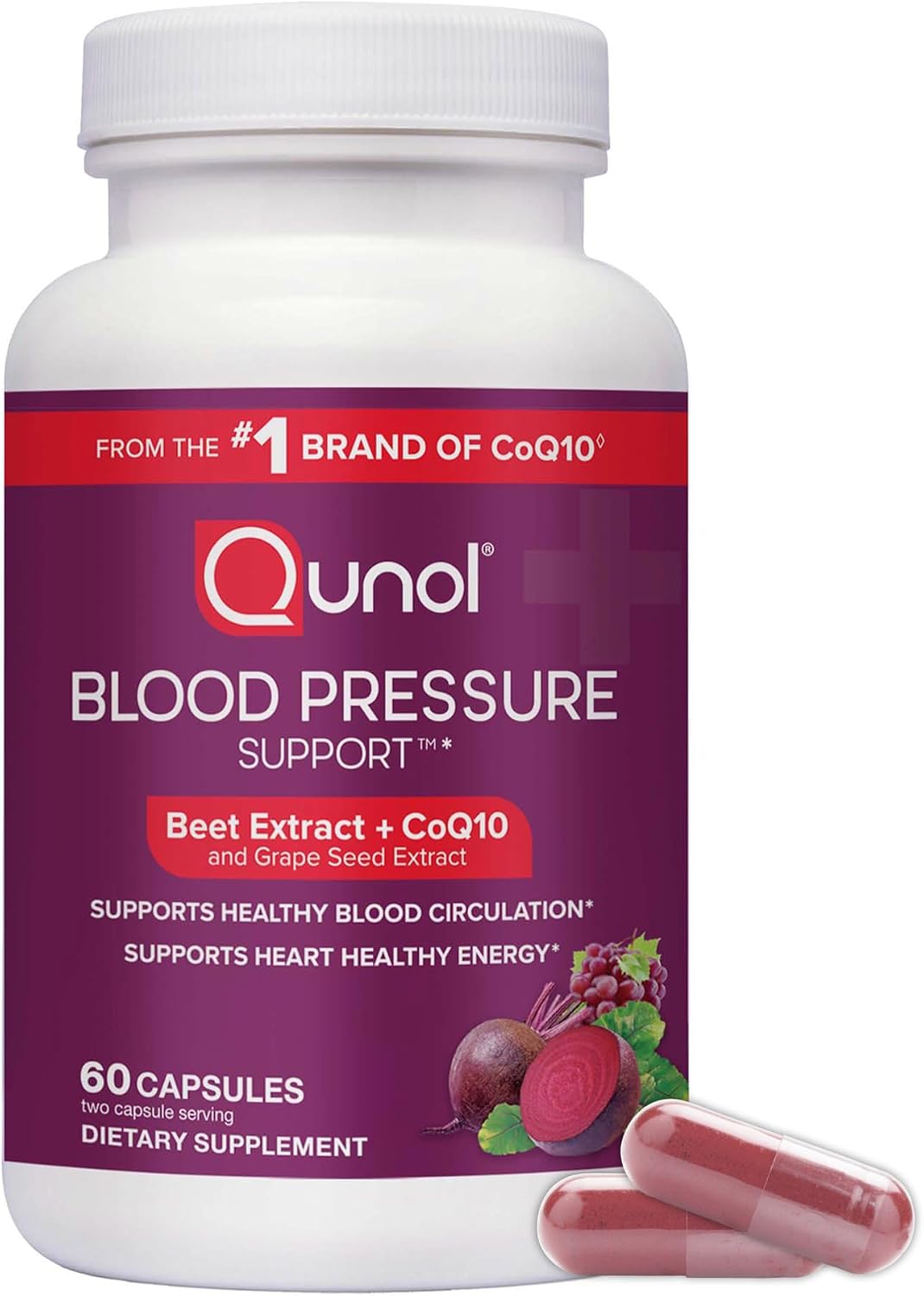 Qunol Blood Pressure Support, 3 in 1 Beets + CoQ10 + Grape Seed Extract, Beet Root Capsules that Supports Healthy Blood Circulation & Heart Healthy Energy, 60 Count (Pack of 1)